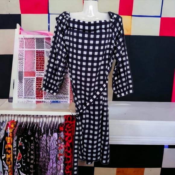 NWT!! Banana Republic Popular Navy Blue White Squares Off The Shoulder Dress!!💖 - Picture 5 of 11